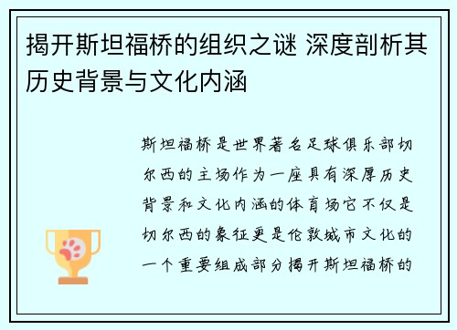 揭开斯坦福桥的组织之谜 深度剖析其历史背景与文化内涵 揭开斯坦福桥的组织之谜 深度剖析其历史背景与文化内涵