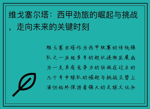 维戈塞尔塔：西甲劲旅的崛起与挑战，走向未来的关键时刻