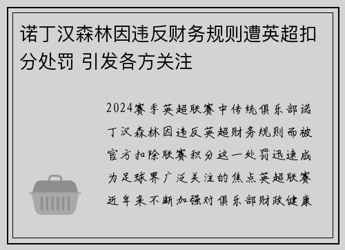 诺丁汉森林因违反财务规则遭英超扣分处罚 引发各方关注 诺丁汉森林因违反财务规则遭英超扣分处罚 引发各方关注