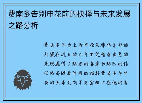 费南多告别申花前的抉择与未来发展之路分析